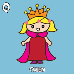 queen vector illustration on blue background. queen icon with crown. Q-alphabet, english for kids. hand drawn vector. colorful card for preschool, kindergartend children. doodle for education, poster.