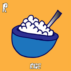 rice-hand drawn lettering on orange background. r-alphabet, language for kids. rice in the bowl vector illustration. hand drawn vector. doodle for education, card, poster, wallpaper, cover. 
