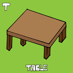 brown table vector illustration on green background. old table, wooden. table-hand drawn lettering. T-alphabet, english for kids. hand drawn vector. doodle for education, card, poster. 