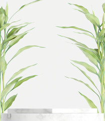 White podium stand, Cosmetic display product stand with nature leaves background. 3D rendering	