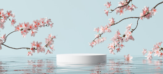 White product display podium with water reflection and blossom flowers on blue background. 3D rendering © nawapon