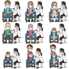 病院で女性の先生のワクチン（予防接種）を受ける車椅子に乗ったマスクをした人のイラストセット
