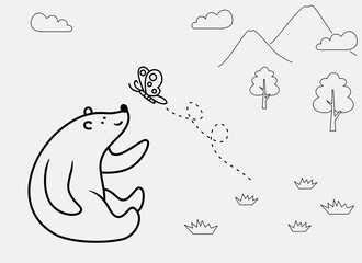 Hand drawn of Cute bear playing with bee and butterfly