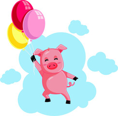 Cute Flying Pig Holding Balloons Vector Cartoon