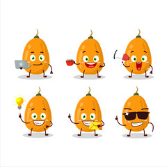 Kumquat cartoon character with various types of business emoticons