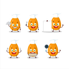 Cartoon character of kumquat with various chef emoticons