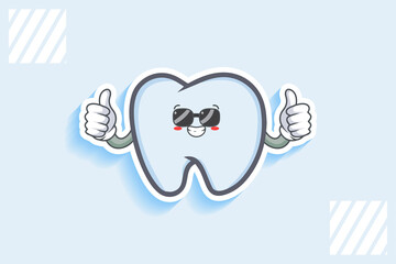 RELAXED, GLASSES, COOL Face Emotion. Double Thumb up Hand Gesture. Tooth Cartoon Drawing Mascot Illustration.
