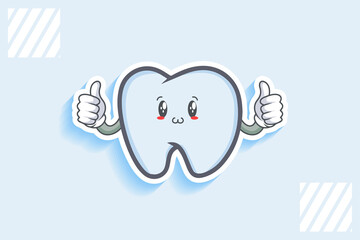 SMILING, HAPPY, UWU Face Emotion. Double Thumb up Hand Gesture. Tooth Cartoon Drawing Mascot Illustration.