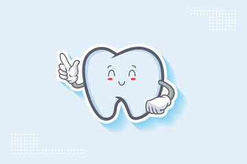 SMILING, HAPPY, RELIEVED, SMILE Face Emotion. Forefinger Handgun Gesture. Tooth Cartoon Drawing Mascot Illustration.