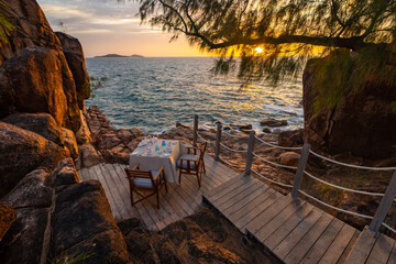 Sunset sea view restaurant dining area from Pointe Ste Marie on Praslin Island in the Seychelles 