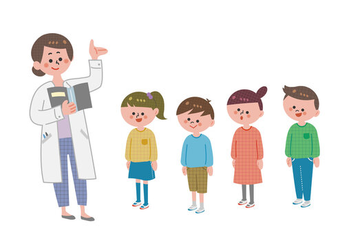 保健医と並ぶ子供達