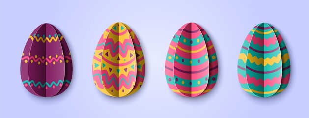 Set with multicolor Easter Eggs in Paper cut style. Origami elements isolated on a blue background. Vector illustration