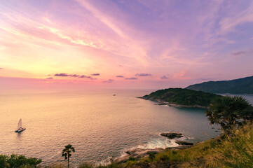 Beautiful sunset view at Promthep cape in Phuket, southern Thailand. Popular tourist destinations