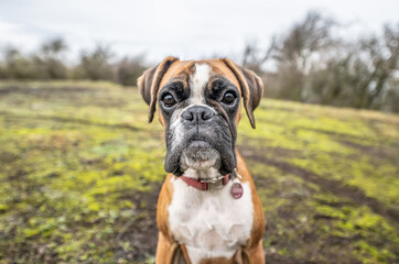 Obraz premium funny face 9 months old purebred golden puppy german boxer dog closeup