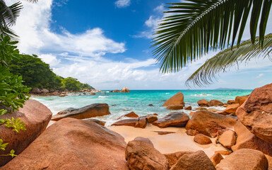 Panoramic view of Anse Lazio beach on Praslin Island in the Seychelles
