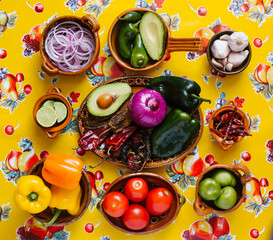 mexican ingredients to cook spicy red sauce in a mexican kitchen
