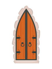 Old wooden triangular doors with stone cladding. Cartoon style. Vector illustration.