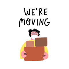 We're moving. Man with boxes wearing protective mask. Illustration on white background.