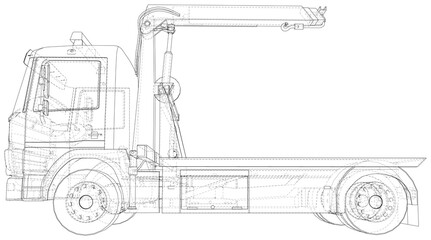 Tow truck. Wire-frame line isolated. Vector rendering of 3d.