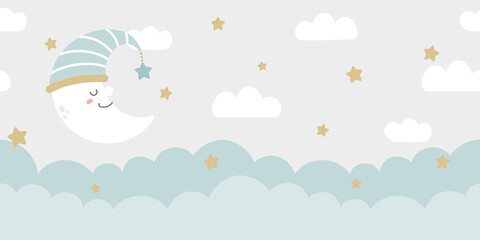 Seamless clouds, stars, and crescent background in pale pastel colors. For nursery room wallpaper, decoration, web banners, headers, etc. © Torico
