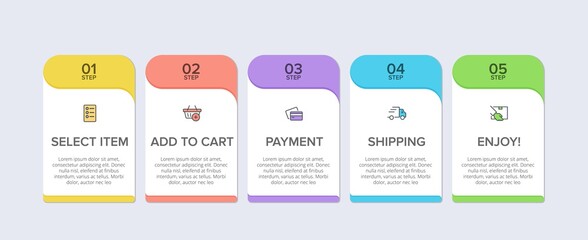 Concept of shopping process with 5 successive steps. Five colorful graphic elements. Timeline design for brochure, presentation, web site. Infographic design layout.
