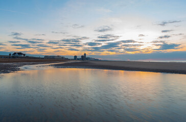 Fototapeta premium Skyline of Oostende (Ostend) city at sunset with long exposure, Belgium