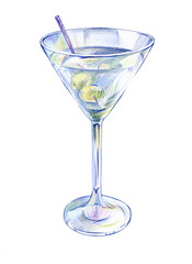 Martini Glass of American aperitif cocktail. Traditionally two-ingredient classic drink mix of gin or vodka and vermouth. Сolored pencils ballpoint pen hand-drawn sketch Illustration isolated on white
