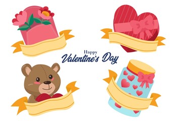 a collection of gifts that are often given during Valentine's Day, such as teddy bears, flowers, and heart shaped chocolates