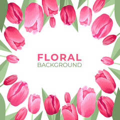 Flower square banner. White background. Tulips and leaves on a white background with copyspace. Pink, red, purple, green colors, flower pattern of tulip. Bright saturated colors, square composition.