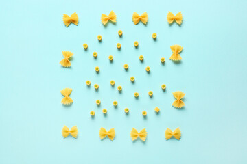 Dry pasta on color background