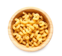 Bowl with dry pasta on white background