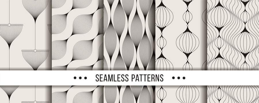 Set of strict, minimalistic seamless patterns. Collection for coloring pages, tectile prints, decor, design. Vector illustrations