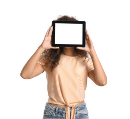 Young woman with tablet computer on white background