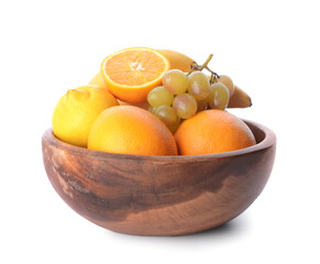 Bowl with different fruits on white background