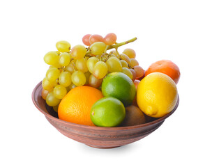 Bowl with different fruits on white background