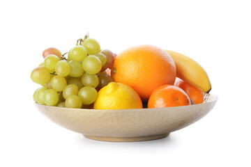 Plate with different fruits on white background