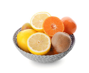 Bowl with different fruits on white background