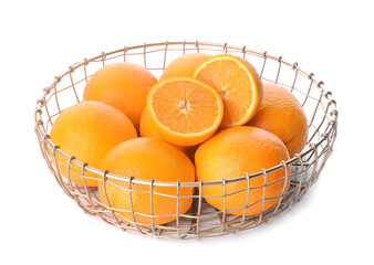 Basket with juicy oranges on white background