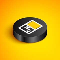 Isometric line Music book with note icon isolated on yellow background. Music sheet with note stave. Notebook for musical notes. Black circle button. Vector.