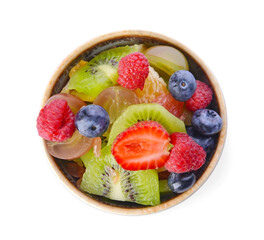 Bowl with fruit salad on white background