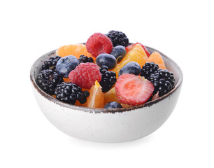 Bowl with fruit salad on white background