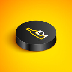 Isometric line Wine bottle with wine glass icon isolated on yellow background. Black circle button. Vector.