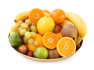 Bowl with different fruits on white background