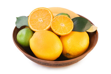 Bowl with different fruits on white background