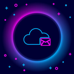 Fototapeta premium Glowing neon line Cloud mail server icon isolated on black background. Cloud server hosting for email. Online message service. Mailbox sign. Colorful outline concept. Vector.