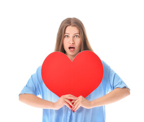 Surprised woman with red heart on white background