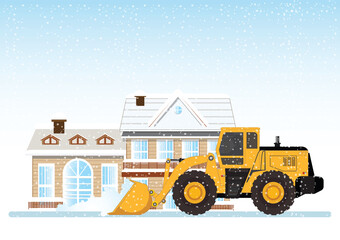 Cleaning snow on the streets with Snow plow truck cleaning snow removal.