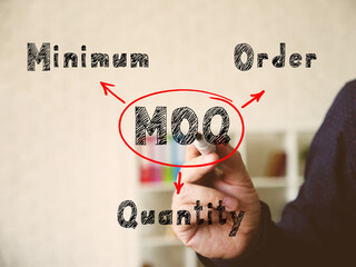  MOQ Minimum Order Quantity on Concept photo. Businessman writing with marker on an background.