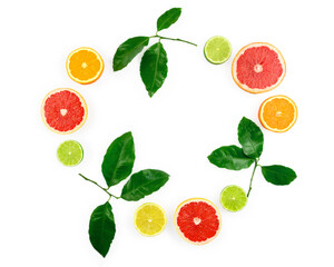 Flat lay composition with citrus fruits, leaves and flowers on white background.