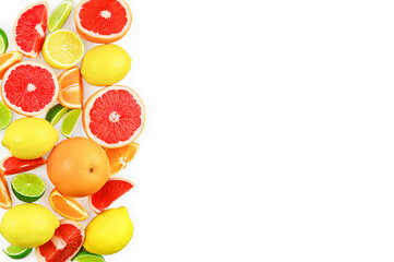 Flat lay composition with citrus fruits, leaves and flowers on white background, copy space.